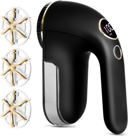 Fabric Shaver – Electric Lint Remover, Rechargeable with LED Display, 6-Blade, 3-Speed Adjustable Sweater Shaver, Black