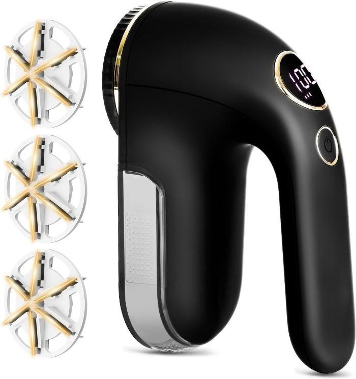 Fabric Shaver – Electric Lint Remover, Rechargeable with LED Display, 6-Blade, 3-Speed Adjustable Sweater Shaver, Black - Image 1