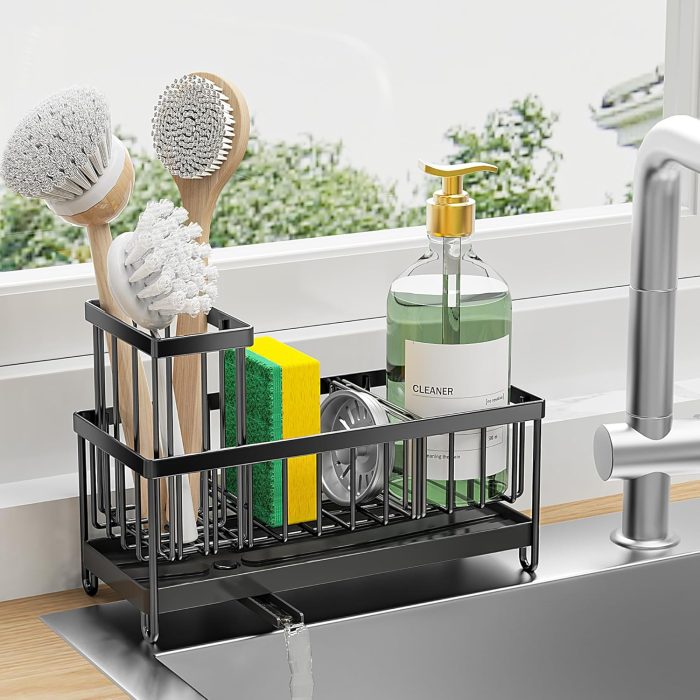 Cisily Black Sponge & Sink Caddy Organizer – Rustproof 304 Stainless Steel with High Brush Holder & Soap Dispenser - Image 1