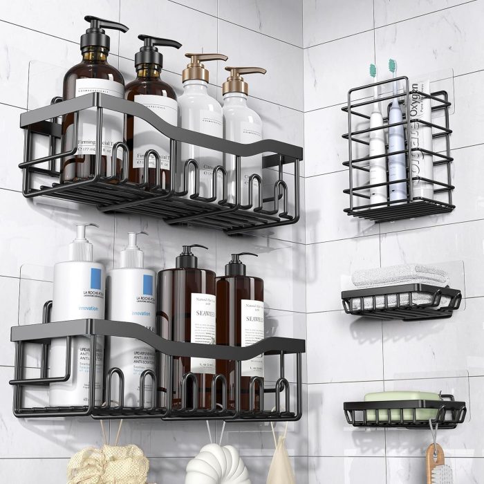 Adhesive Shower Caddy – 5 Pack Rustproof Stainless Steel Bathroom Shelves, No-Drill, Large Capacity - Image 1