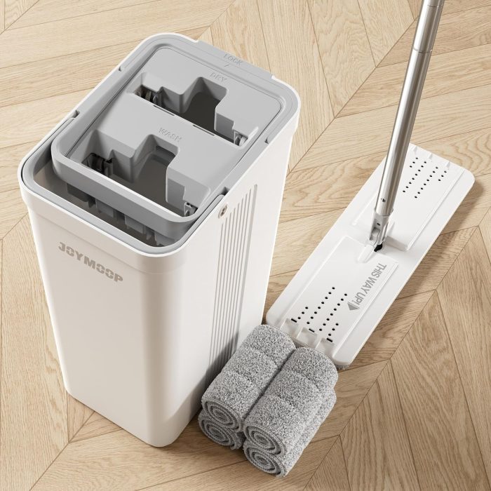 JOYMOOP Mop and Bucket Set with Wringer – Flat Mop & 4 Microfiber Pads - Image 1