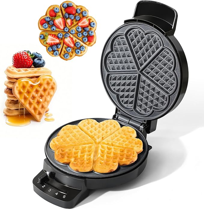 81kCx3XCXSL._AC_SX679_ Heart Waffle Maker – 5-Slice Nonstick Iron, Adjustable Browning Control,1000W - Image 1